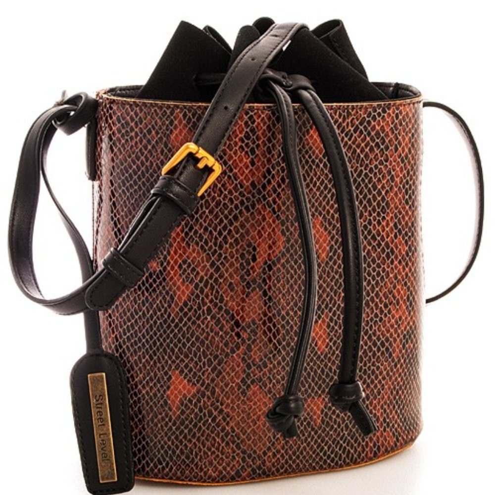 Street Level Faux Leather Snake Print Bucket Bag Brown